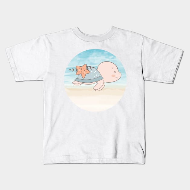 Cute Sea Turtle Starfish Kids T-Shirt by Art master